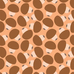 Mushroom pattern. Seamless pattern of mushrooms drawn in flat style on a brown background. Vector 8 EPS.
