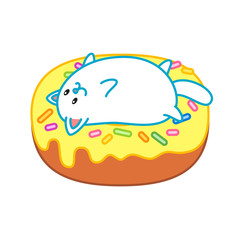 Cute cat and a donut. Illustration of a lazy white kitten lying on a yellow glazed donut. Isolated objects. Vector 8 EPS.