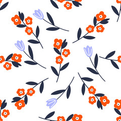 Cute cartoon flowers hand drawn seamless vector fill. Cute childish drawing. Baby wrapping paper, textile, vector illustration
