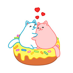 Cute cats and a donut. Illustration of kawaii hugging cats on a yellow glazed donut. Vector 8 EPS.