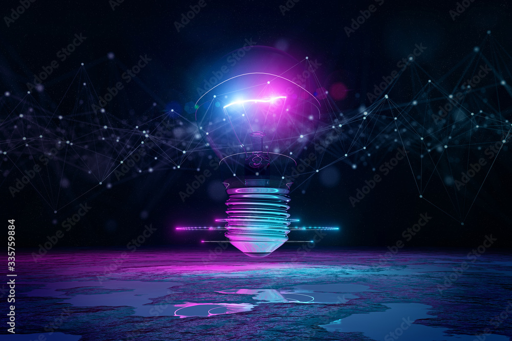 Poster Lightbulb illuminating reflecting floor with blue and pink neon light 3D rendering