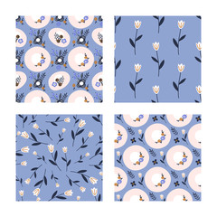Summer hats and flowers set of hand drawn seamless vector fills. Cute childish drawing. Baby wrapping paper, textile, vector illustration