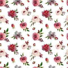 Watercolor sea,less pattern with boho flowers. Burgundy roses and leaves. Vintage wallpapers. Best for prints, scrapbooking, fabric, bedding textile, wrapping paper, giftboxes. Hand painted retro