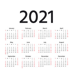 Calendar 2021 year. Vector. Week starts Sunday. Calender layout. Stationery template. Yearly organizer in minimal design, English.