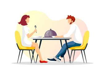 Couple eating at the table. Restaurant or cafe menu, dinner or lunch, romantic date concept. Vector illustration for poster, banner, commercial, card, postcard.