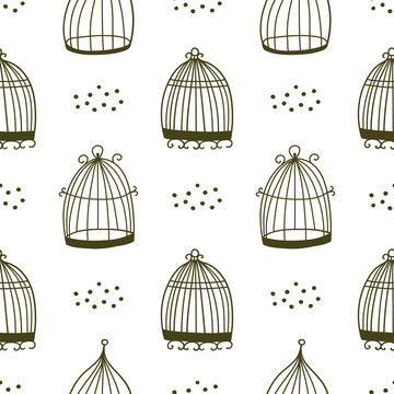 Birds cage hand drawn seamless vector fill. Cute childish drawing. Baby wrapping paper, textile, vector illustration
