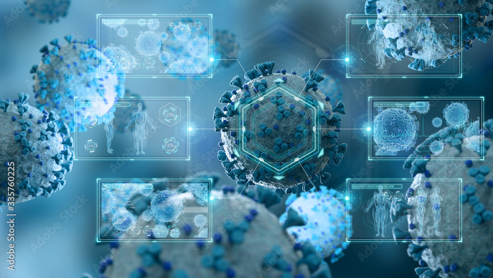 Poster microscopic close-up of the covid-19 disease. coronavirus illness spreading in body cell. 2019-ncov 