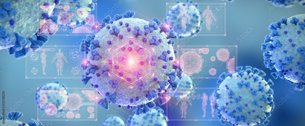 Poster microscopic close-up of the covid-19 disease. coronavirus illness spreading in body cell. 2019-ncov 
