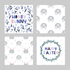 Easter theme pattern and greeting card, set of hand drawn childish lettering  phrases, patterns. Easter celebration. Vector print..