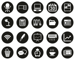 Office & Office Equipment Icons White On Black Flat Design Circle Set Big