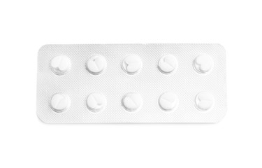 Blister pack with pills on white background