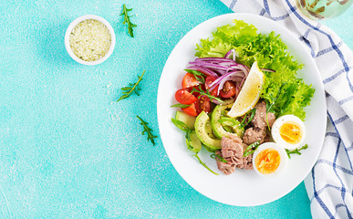 Healthy food. Tuna fish salad with eggs, lettuce, cherry tomatoes, avocado and red onions.  French cuisine. Top view, copy space, flat lay