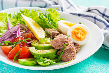 Healthy food. Tuna fish salad with eggs, lettuce, cherry tomatoes, avocado and red onions.  French cuisine.