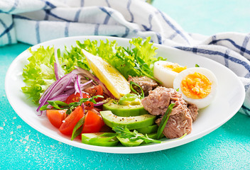Healthy food. Tuna fish salad with eggs, lettuce, cherry tomatoes, avocado and red onions.  French cuisine.