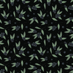 Fototapeta na wymiar Vector seamless pattern with black berries and gray leaves on black background; design for fabric, wallpaper, wrapping paper, textile, web design.