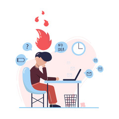 Emotional burnout man sitting at his working place with computer in an office. Tired businessman with low battery. No idea. Hard work. Vector illustration.