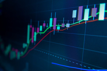 Blue Stock Exchange Market trading graph on screen monitor for economic and financial investment. Business analysis chart display. Stock invest infomation.