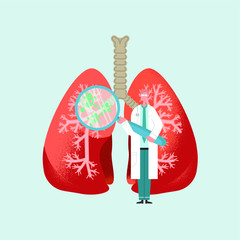 Pulmonology vector illustration. Flat tiny lungs healthcare persons concept. Abstract respiratory system examination and treatment. Internal organ inspection check for illness, disease or problems.