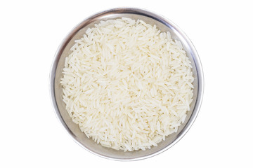 White uncooked thai Jasmine rice in metal bowl on white background with clipping path