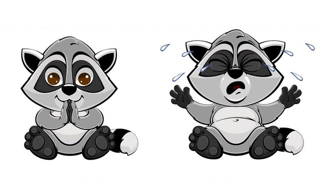 Cartoon baby raccoon rejoices and cries. Set of emotions of animated characters, mascots. Loop, transparent background with alpha channel.