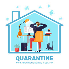 man sits at the computer with cats on a white background home isolation vector illustration