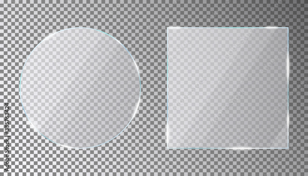 Poster Glass plates set in circle and square shape on transparent background. Acrylic or plexiglass plate with gleams and light reflections. Vector illustration.