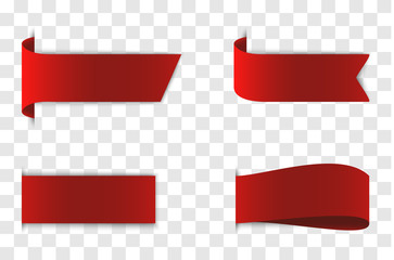 Realistic 3d badges on transparent background with shadow. Tags and labels set. Paper ribbons and sale banners. Vector illustration.