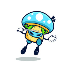 cartoon blue mushroom  jump use one sword on right hand