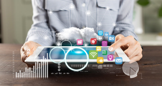 Startup launch concept on tablet with hologram