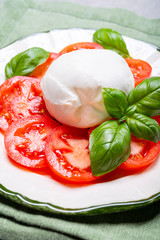 Tasty italian fresh salad with white soft cheese mozzarella ball, red tomatoes and fresh green basil