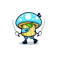 Cartoon blue mushroom walking with two sword