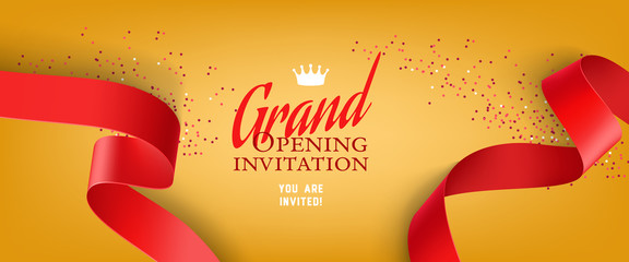 Grand opening invitation design with red ribbons, crown and confetti. Festive template can be used for banners, flyers, posters.
