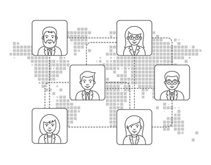 Remote teamwork concept. Distant work. Business people icons in outline style. Stylized world map background.