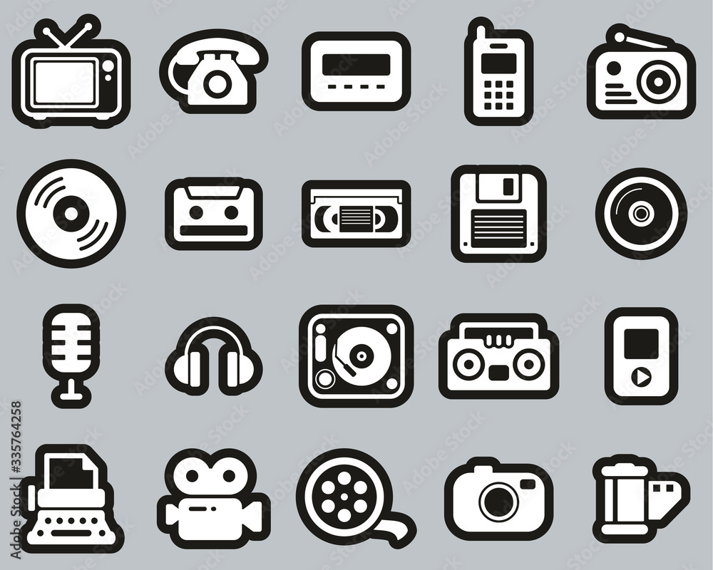 Sticker Old Technology Icons White On Black Sticker Set Big