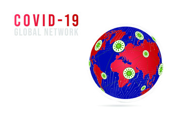 Abstract Coronavirus or COVID-19 and point scales on white background with Global. Wire frame 3D mesh polygonal network line, design sphere, dot and structure. Vector illustration eps 10.