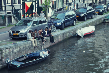 Fototapeta na wymiar Amsterdam canals and typical houses, summer