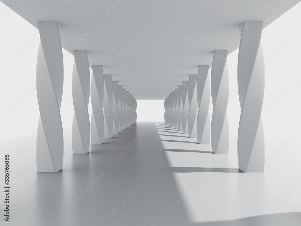 Poster bright tunnel corridor with twisted columns 3d render