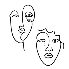 Line drawn black and white trendy face silhouette. Abstract contour. Print for clothes, textile and other.
