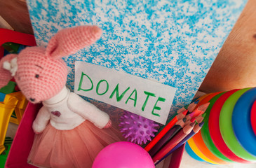 volunteer boxes, for donations, charity gathering for needy children, children give their toys to...