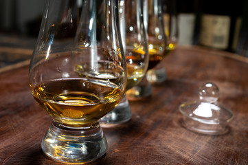 Tasting of flight of Scotch whisky from special tulip-shaped glasses on distillery in Scotland, UK