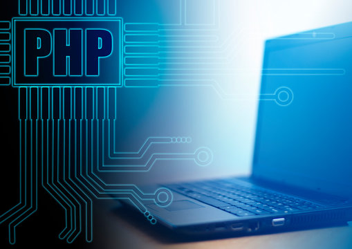 PHP logo next to a laptop. The lines emit a computer board. Concept - PHP coding. Concept - freelance developer. Programming in Personal Home Page. Computer Application Development. Testing