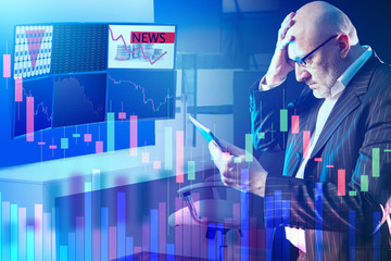 Adult man is upset by the news. Concept - a man upset by the news from the stock market. Negative...