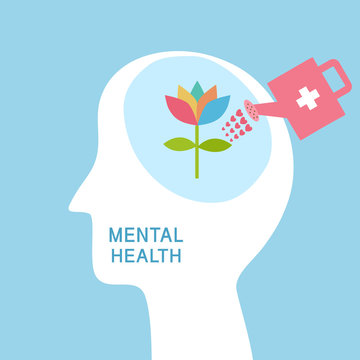 Mental health concept vector illustration. World mental health day. Flower plant growing in brain flat design. Brain and mind care.