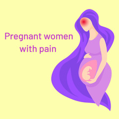 Vector illustration of a pregnant woman in cartoon style. The expectant mother holds her stomach and experiences pain (inflammation). Image of a sick pregnant woman