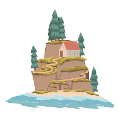 House with a red roof on top of a hill. Spruce trees. Beach and secluded sea coast. Loneliness and quarantine. Great place to live. Vector illustration