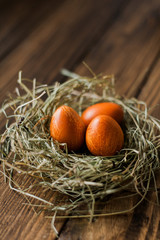 Delicious Easter eggs of guinea hen on a wooden background to the traditional Easter feast.
