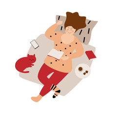 Full girl with a book lies on the bed top view. Home rest cozy atmosphere. Vector illustration