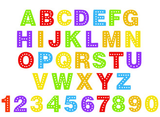 alphabet for children. Kids learning material. Card for learning alphabet. colored alphabet and numbers in white dots