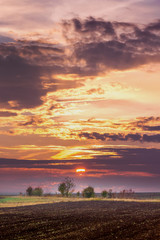 Plowed field at sunset. Rural landscape with field and picturesque evening sky