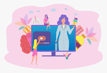 Professional doctor woman conducts an online consultation. Online prescription system, prescription management system, online pharmacy concept. Personal blog of a professional doctor. Colorful vector